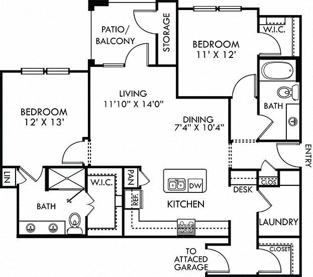 Floor plan for 2 beds, 2 baths, 1125 sqft